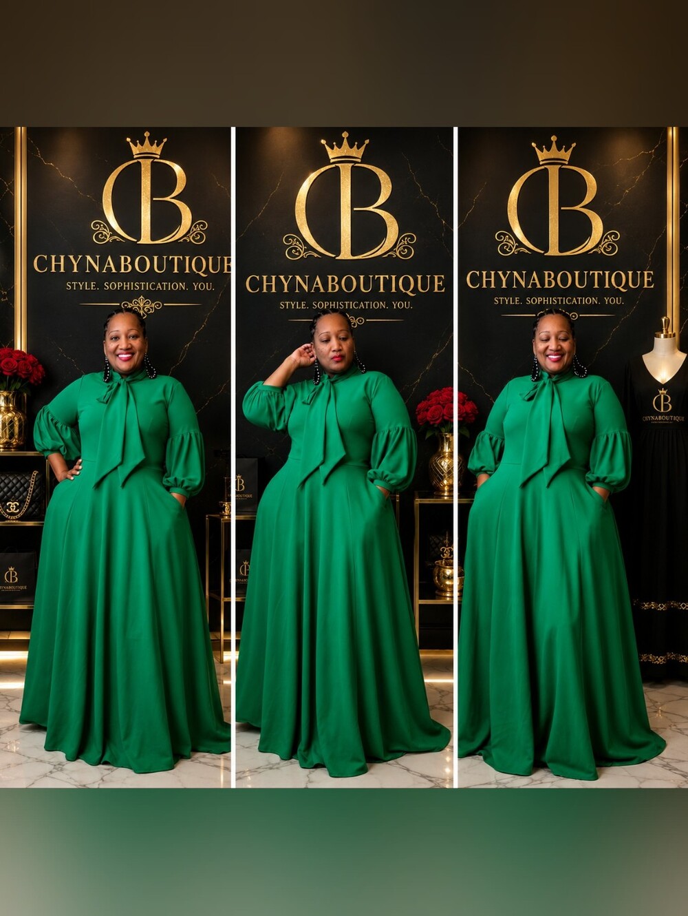 Elegant Green Maxi Dress with Tie Neck